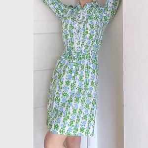 Vintage 80’s MARGARET SMITH of Gardiner, ME Green & Blue Floral Shirt Dress US 8